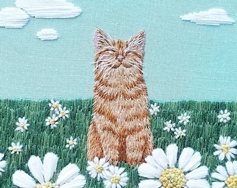 Happy cat DIY embroidery kit, orange tabby kitten and daisies hand stitching pattern