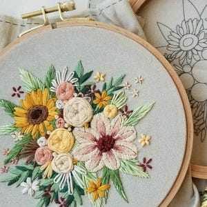 Autumn Sunflower Bouquet DIY craft kit, Fall seasonal needlework design supply set with printed fabric, embroidery hoop, thread and needles.