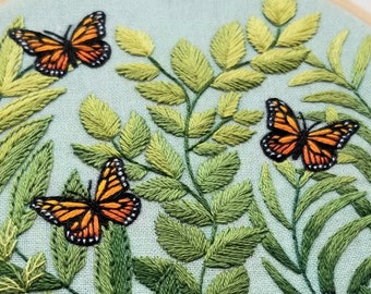 Monarch butterfly hand embroidery DIY Kit, modern embroidery pattern and supplies: beechwood hoop, DMC embroidery thread & printed fabric