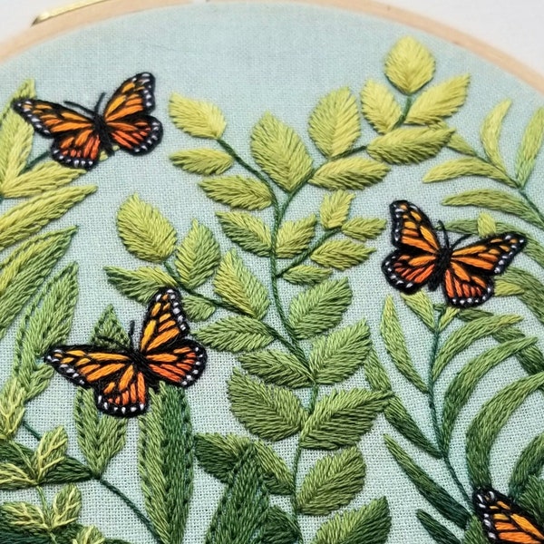 Monarch butterfly hand embroidery DIY Kit, modern embroidery pattern and supplies: beechwood hoop, DMC embroidery thread & printed fabric