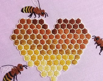 Honey Bee Beginner Embroidery Pattern PDF, DIY heart honeycomb embroidery hoop art