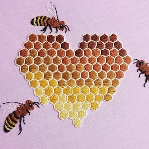 Honey Bee Beginner Embroidery Pattern PDF, DIY heart honeycomb embroidery hoop art