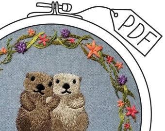 Sea otter digital hand embroidery pattern "Otterly Adorable" with online video tutorial, Cute animal DIY hoop art