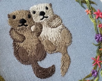 Sea otter hand embroidery kit "Otterly Adorable" with online video tutorial, DIY cute ocean animal craft project