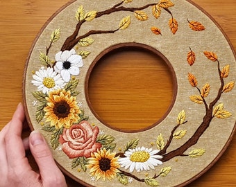 DIY fall holiday decorations, autumn wreath hand embroidery pattern PDF, sunflower thread painting design, DIY falling leaves wall art gift