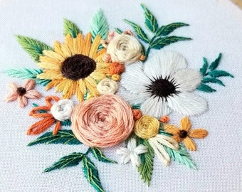 Beginner sunflower embroidery pattern with online video tutorial "Cozy Harvest", DIY fall holiday decor idea