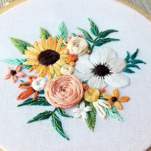 Beginner sunflower embroidery pattern with online video tutorial "Cozy Harvest", DIY fall holiday decor idea