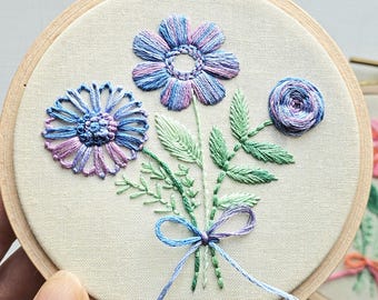 Floral trio 4 inch beginner hand embroidery kit with online class, easy floral embroidery sampler craft set