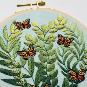 Monarch butterfly hand embroidery DIY Kit, modern embroidery pattern and supplies: beechwood hoop, DMC embroidery thread & printed fabric