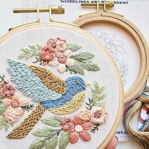 Bluebird beginner hand embroidery kit with online class, easy floral embroidery sampler craft set