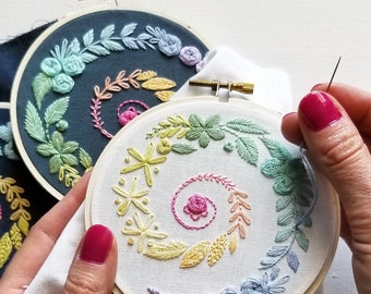 Beginner hand embroidery kit with online class, rainbow spiral needlework pattern, easy embroidery video tutorial, basic stitch lesson