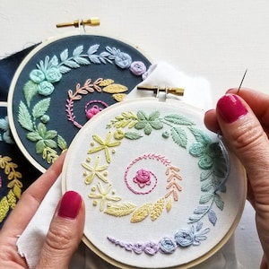 Beginner hand embroidery kit with online class, rainbow spiral needlework pattern, easy embroidery video tutorial, basic stitch lesson
