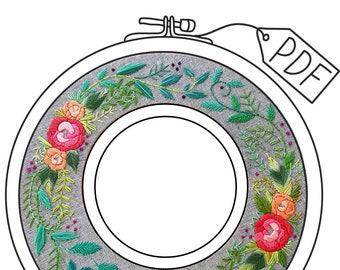 Digital download hand embroidery pattern "Rainbow Roses" double hoop wreath design