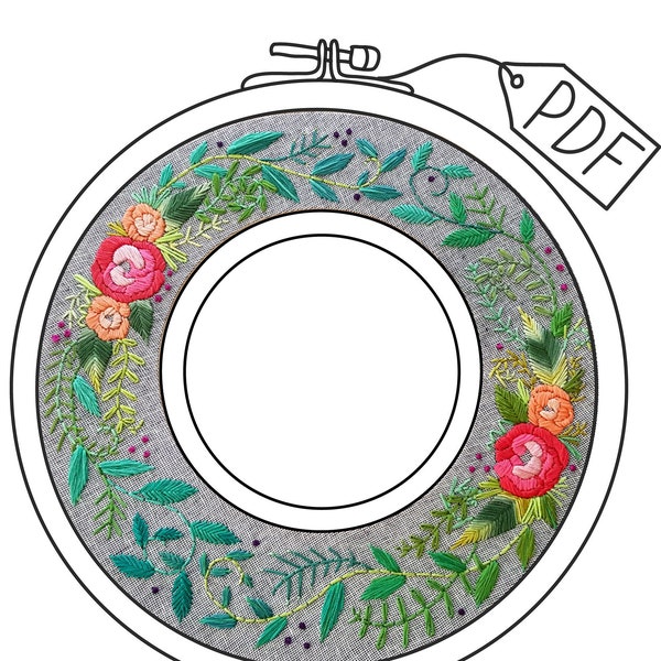 Digital download hand embroidery pattern "Rainbow Roses" double hoop wreath design