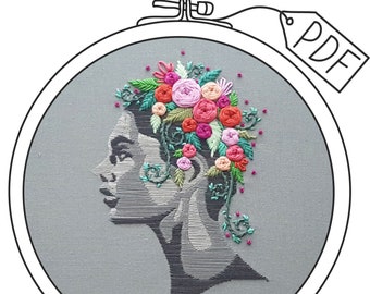 Feminine face embroidery template "Flowers in her hair", Hand embroidery digital pattern PDF, Woman with floral crown DIY feminist fiber art