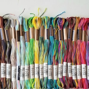 May include: A collection of colorful embroidery floss skeins, arranged in a row. The floss is in various shades of brown, green, blue, yellow, pink, and purple. Each skein has a paper label with a number. The brand name "Seasons" is visible on some labels.