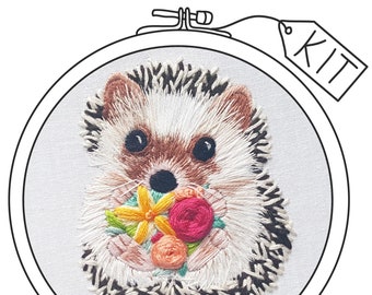 DIY Cute hedgehog hand embroidery kit, animal thread painting pattern and supplies with video tutorial, craft project for adults