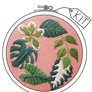 Hand Embroidery KIT: Tropical Plants Pink 4 inch, Beginner Needlepoint Design Modern Contemporary Embroidery Pattern Satin Stitch Plants image 2