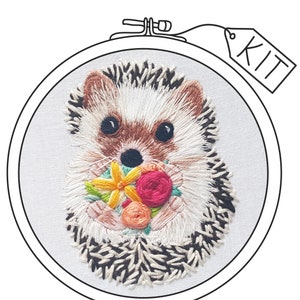 DIY Cute hedgehog hand embroidery kit, animal thread painting pattern and supplies with video tutorial, craft project for adults