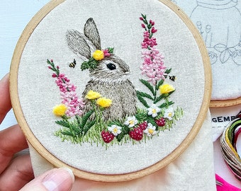 DIY Bunny Hand Embroidery kit "Berry Patch Bunny", Rabbit and strawberries embroidery pattern and supplies with online video tutorial