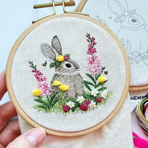 DIY Bunny Hand Embroidery kit "Berry Patch Bunny", Rabbit and strawberries embroidery pattern and supplies with online video tutorial