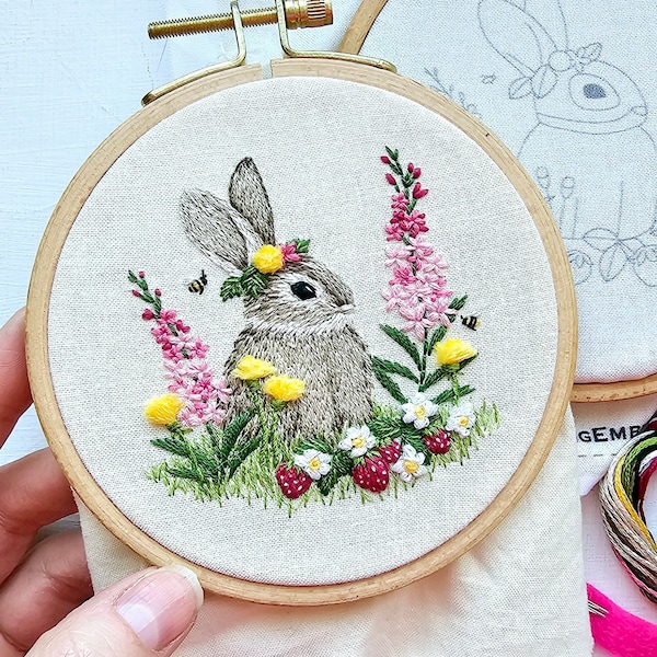 DIY Bunny Hand Embroidery kit "Berry Patch Bunny", Rabbit and strawberries embroidery pattern and supplies with online video tutorial