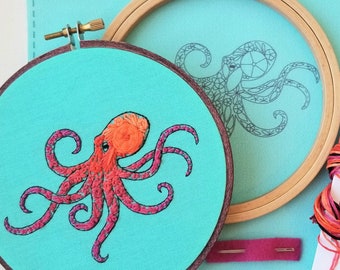 Pacific octopus embroidery kit, colorful stitching project for beginners