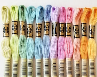 Spring colors hand embroidery floss kit, DMC six-stranded cotton thread bundle, needlepoint skeins beginner set, cross stitch supplies