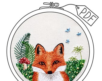 Red Fox digital hand embroidery pattern, beginner animal fur thread painting tutorial, DIY woodland hoop art