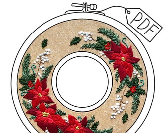 Digital hand embroidery pattern "Holiday Wreath" with poinsettias and holly berries, DIY Christmas double hoop fiber wall art