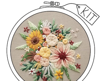 Autumn Sunflower Bouquet DIY craft kit, Fall seasonal needlework design supply set with printed fabric, embroidery hoop, thread and needles.