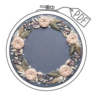 Rose wreath craft project, DIY custom baby hoop art, handmade gift idea for nursery, modern hand embroidery pattern, flower needlepoint pdf image 2