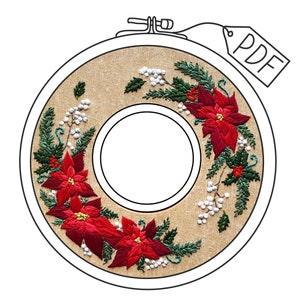 Digital hand embroidery pattern Holiday Wreath with poinsettias and holly berries, DIY Christmas double hoop fiber wall art image 1