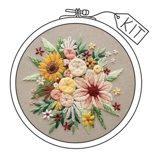 Autumn Sunflower Bouquet DIY craft kit, Fall seasonal needlework design supply set with printed fabric, embroidery hoop, thread and needles.