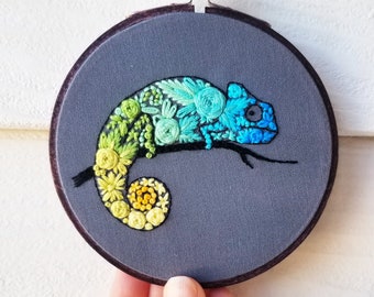 Chameleon embroidery pattern, modern hand embroidery PDF, colorful stitching project for beginners, lizard needlepoint design, diy project