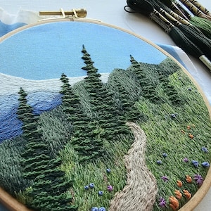DIY Landscape hand embroidery kit &quot;Happy Trails&quot;, intermediate mountain embroidery project with online video tutorial