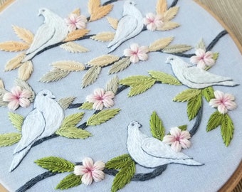 DIY Dove hand embroidery kit, white bird and flowers embroidery hoop craft project set