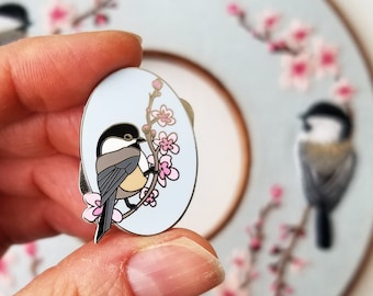 Chickadee bird and cherry blossom needle minder, silver enamel magnet pin, cross stitch & embroidery accessories, gift for her sewing kit