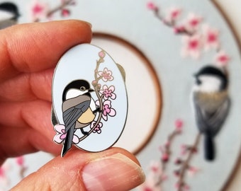 Chickadee bird and cherry blossom needle minder, silver enamel magnet pin, cross stitch & embroidery accessories, gift for her sewing kit