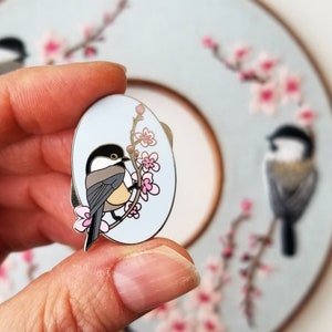 Chickadee bird and cherry blossom needle minder, silver enamel magnet pin, cross stitch & embroidery accessories, gift for her sewing kit