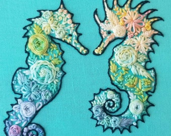 DIY Seahorse embroidery pattern, modern hand embroidery PDF, colorful stitching project for beginners, sea creature needlepoint design