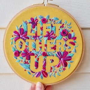 Lift Other Up inspirational embroidery pattern pdf, DIY floral stitch sampler, modern needlework stitch design, motivational hoop art image 1