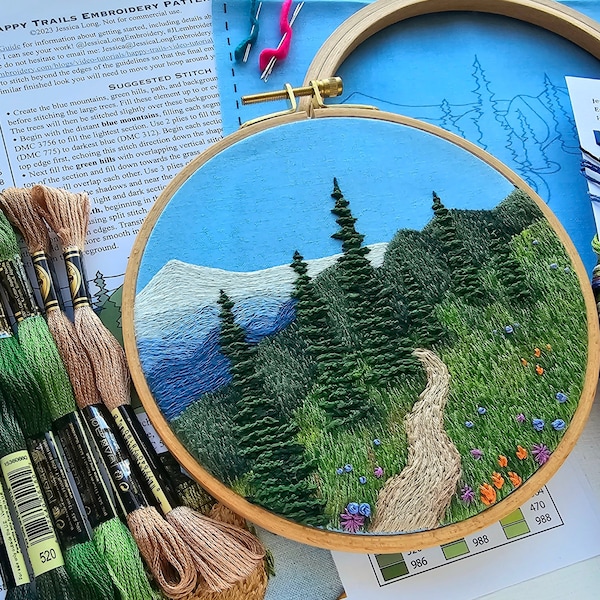 DIY Landscape hand embroidery kit "Happy Trails", intermediate mountain embroidery project with online video tutorial