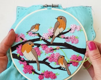 Spring birds and flowers embroidery pattern, DIY modern needlepoint PDF design