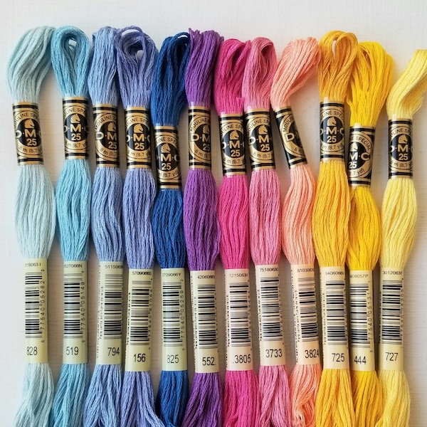 Bright sunset colors hand embroidery floss, DMC 6-stranded cotton embroidery thread, cross stitch beginner supply set