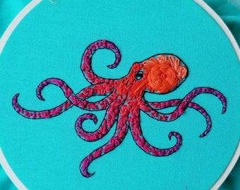 DIY Octopus embroidery pattern, modern hand embroidery PDF, colorful stitching project for beginners, sea creature needlepoint design