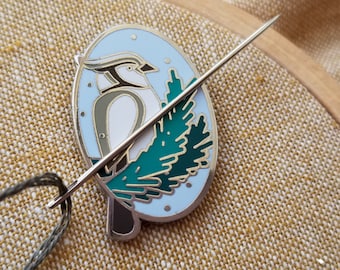 Winter bird enamel needle minder for cross stitch, silver enamel magnet for hand embroidery needles, cross stitch accessories, sewing notion