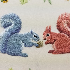 Autumn squirrels embroidery pattern download and online video tutorial, diy woodland animal wall art, fall acorn & sunflower craft project