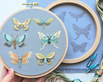Moth Sampler DIY hand embroidery kit, intermediate embroidery craft project with sewing supplies and online video tutorial