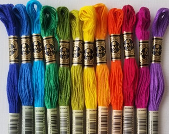 Rainbow colors hand embroidery floss, DMC 6-stranded cotton embroidery thread, crossstitch beginner supply set